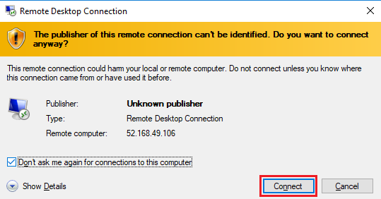 Screenshot of the virtual machine properties with the Connect button highlighted. 