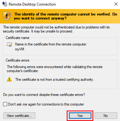 Screenshot of the Certificate warning dialogue informing the user of an untrusted certificate, with the Yes button highlighted. 