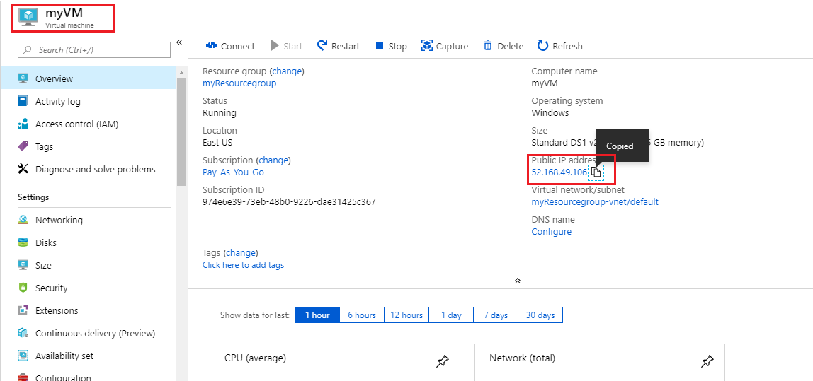 Screenshot of the Azure portal virtual machine property pane with the IP address copied.