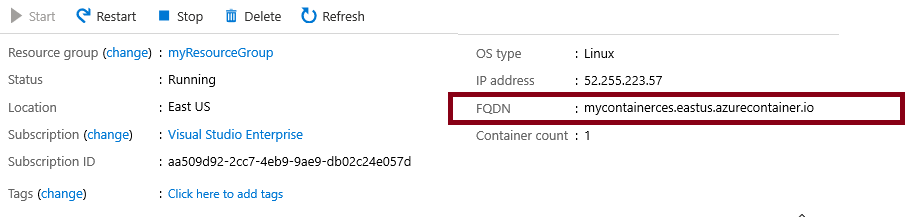 Screenshot of the overview pane for the newly created container in Azure portal, with the FQDN highlighted. 