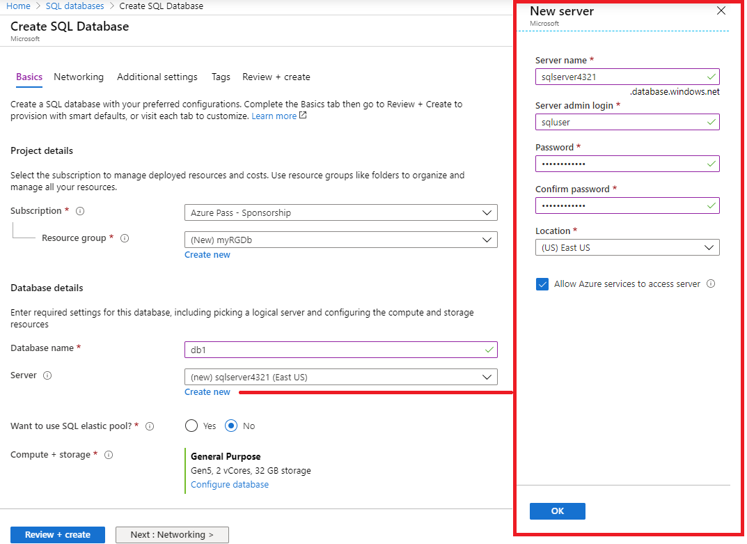 Screenshot of the Server pane and the New Server pane with fields filled in as per the table and the Review + create and OK buttons highlighted.