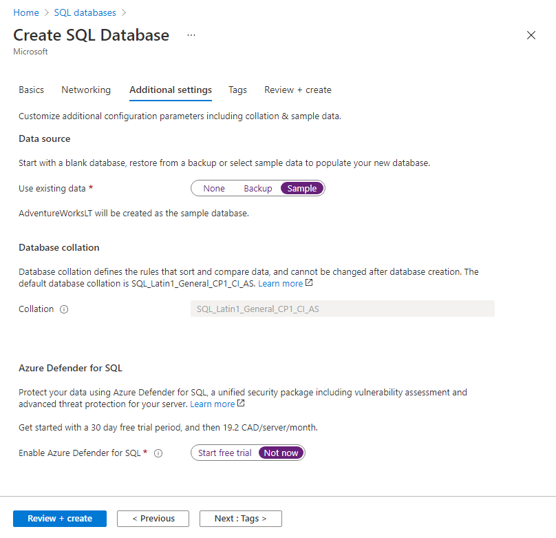 Screenshot of the Additional settings tab of the Create SQL Database blade with settings selected as per the table and the Review + create button highlighted.