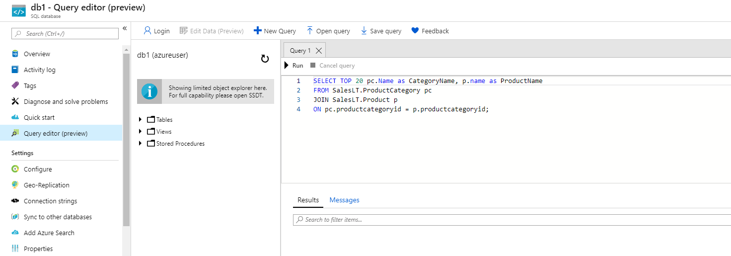 Screenshot of the Query editor with the query pane and the commands executing successfully.