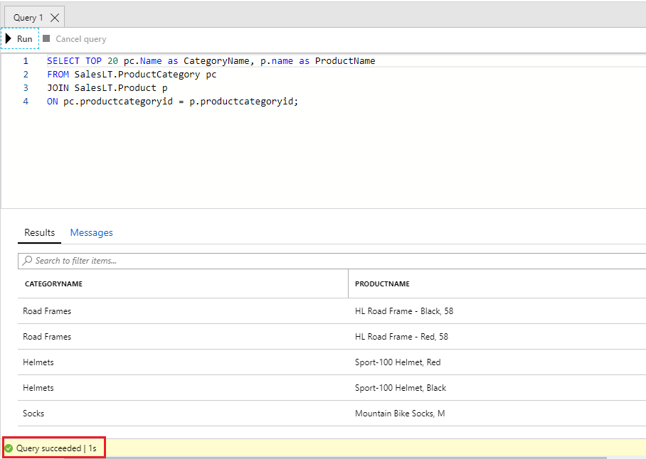 Screenshot of the database Query Editor pane with the SQL code having been run successfully and the output visible in the results pane.