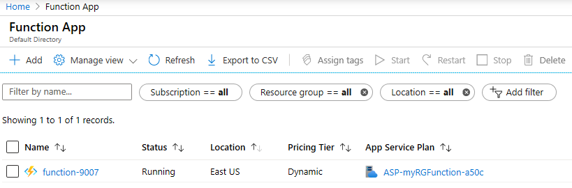 Screenshot of the Function App page with the new Function app.