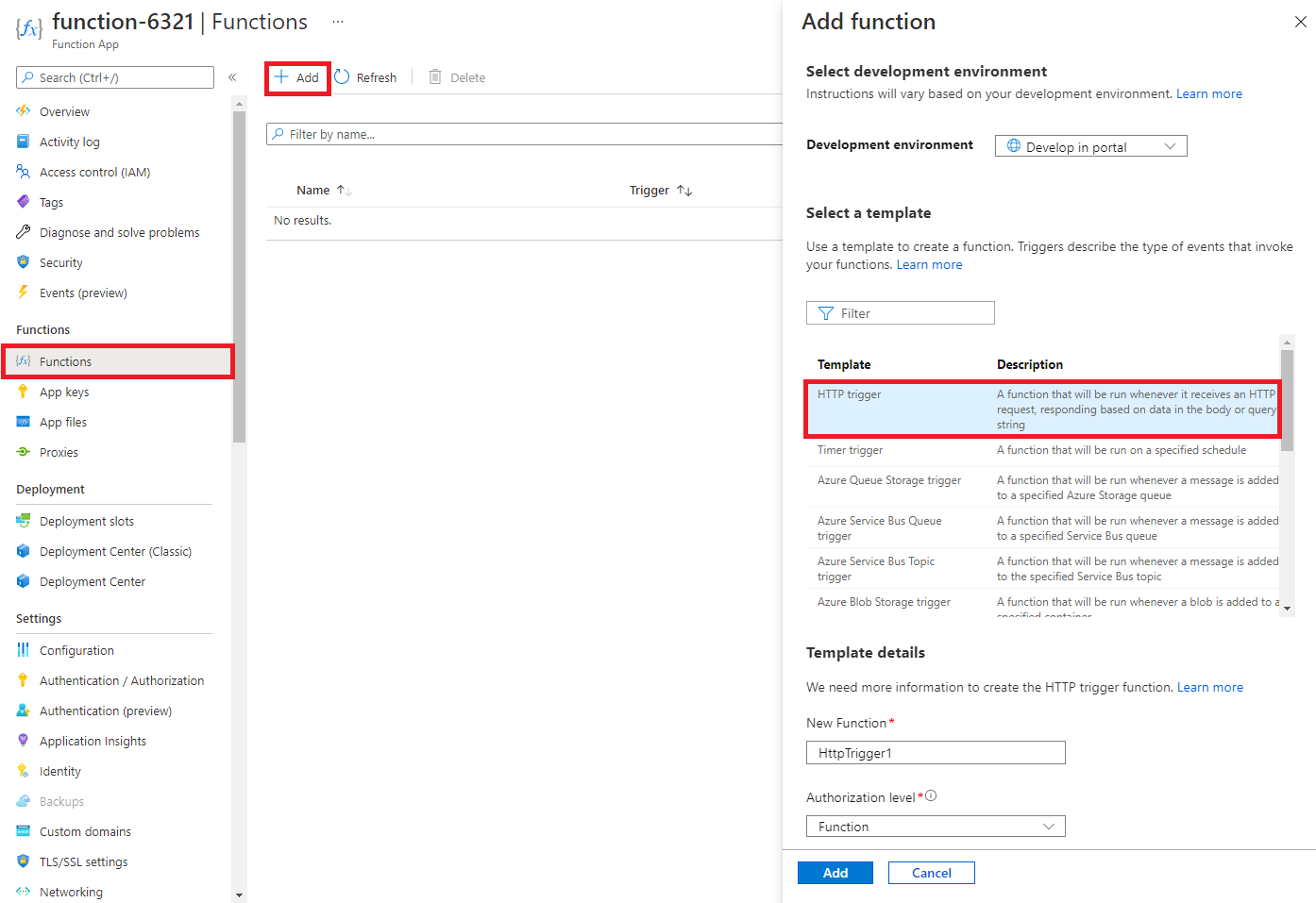 Screenshot of the create a function step in the azure functions for dot net getting started pane inside Azure portal. The HTTP trigger card is highlighted to illustrate the display elements used to add a new webhook to an Azure function.