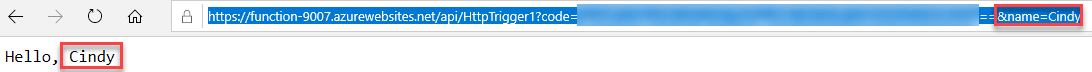 Screenshot of a highlighted function URL and an appended example user name in the address bar of a web browser. The hello message and user name are also highlighted to illustrate the output of the function in the main browser window.