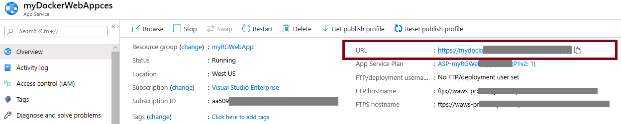 Screenshot of the web app properties blade. The URL is highlighted.