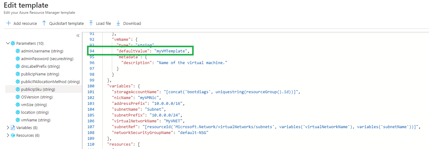 Screenshot of the template with the VM name change highlilghted.