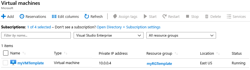 Screenshot of the virtual machines page. The new VM is shown and running.