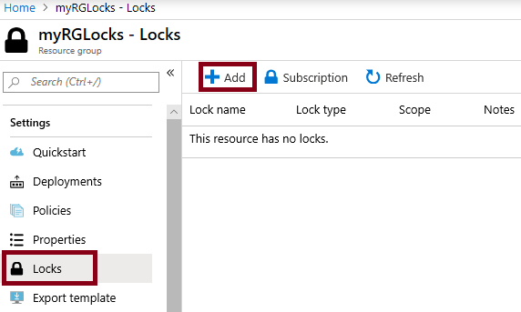 Screenshot of the myRGLocks resource group with the Locks pane displaying.