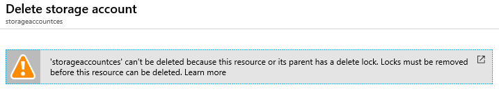 Screenshot of the error deleting the storage account.