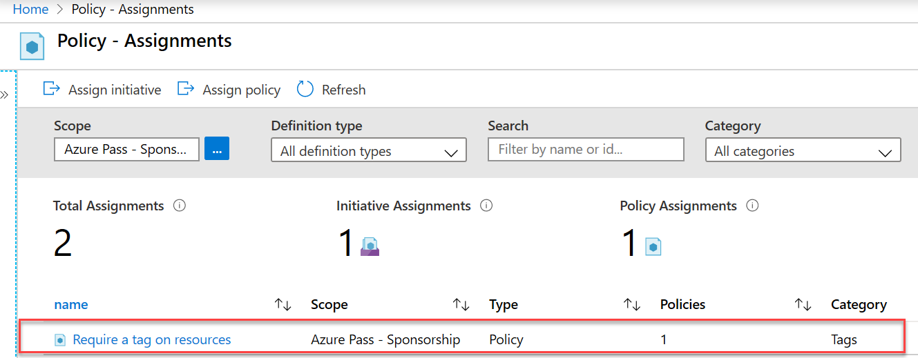 Screenshot of Policy - Assignments pane with the allowed locations assignment highlighted.