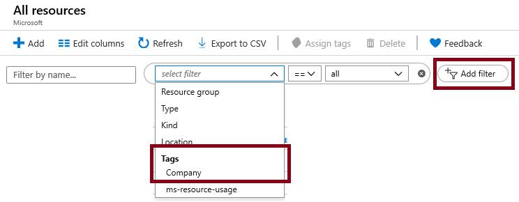 Screenshot of the All Resources filter with Company selected.