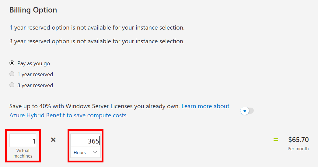 Screenshot of the vm billing options area within the Azure pricing calculator estimate webpage. The highlighted number of vm instances and hours per month options indicate how to specify the number of instances and hours per month for a vm within an Azure pricing calculator estimate.