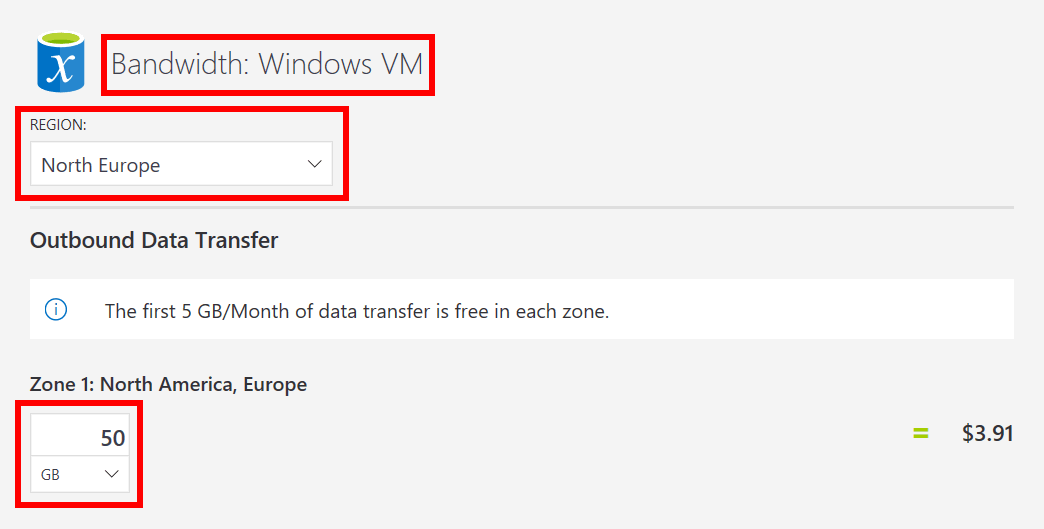 Screenshot of the network bandwidth configuration area within the Azure pricing calculator estimate webpage. The highlighted examples of user inputted bandwidth property values indicate how to specify a bandwidth configuration for a vm within an Azure pricing calculator estimate.