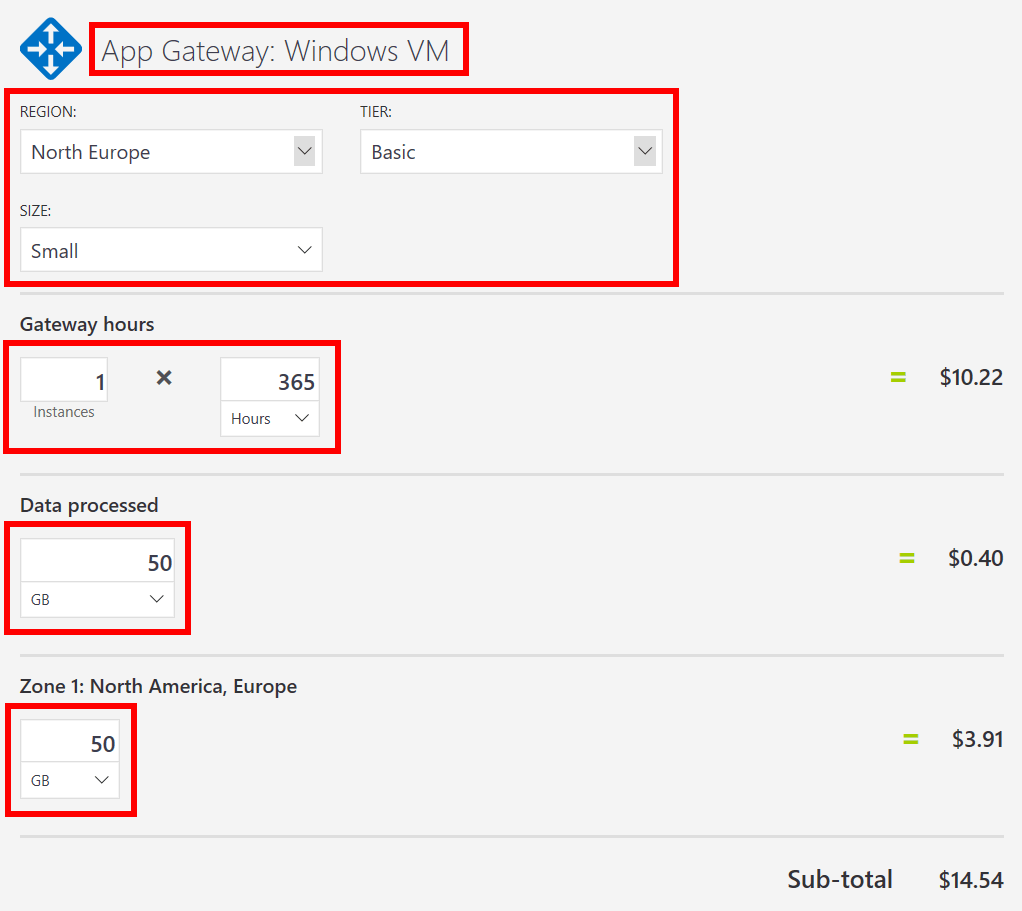 Screenshot of the application gateway configuration area within the Azure pricing calculator estimate webpage.