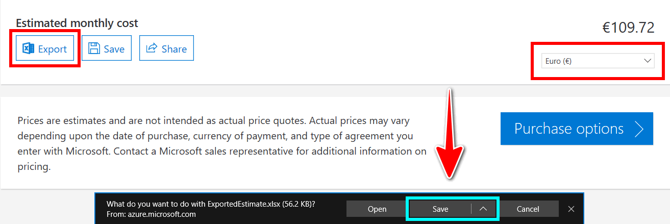 Screenshot of the total estimated monthly costs within the Azure pricing calculator estimate webpage. The highlighted euro currency option indicates how to modify the currency used in an Azure pricing calculator estimate. The highlighted export option illustrates how to download a copy of an estimate for offline viewing.